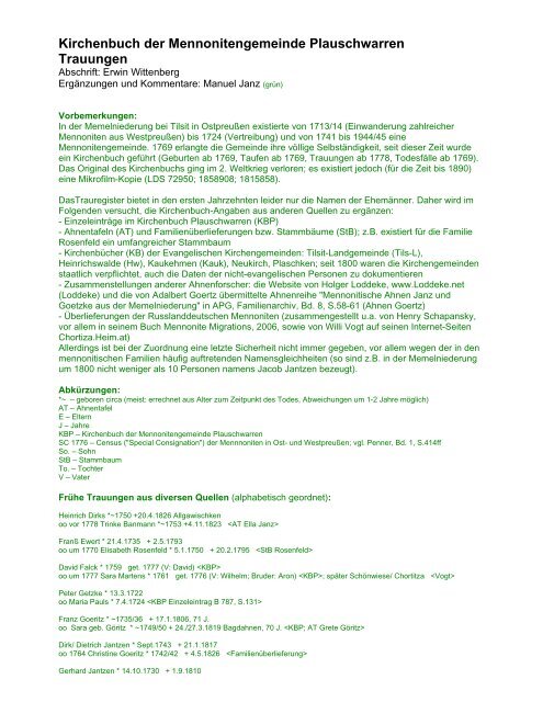 Kirchenbuch der Mennonitengemeinde Plauschwarren Trauungen