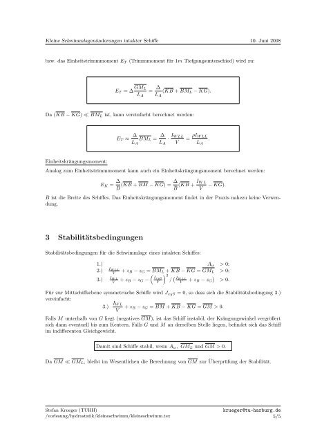 SCHRIFTENREIHE SCHIFFBAU Hydrostatik von Schiffen