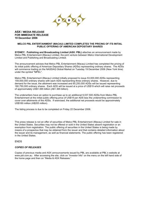 Melco Pbl Entertainment Announces Pricing Of Ipo Crown Limited