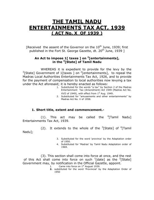 the tamil nadu entertainments tax act, 1939 - Tamil Nadu VAT