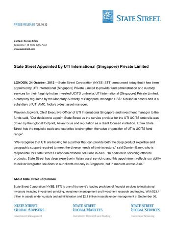 State Street Appointed by UTI International (Singapore) Private Limited