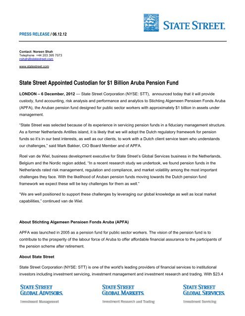 State Street Appointed Custodian for $1 Billion Aruba Pension Fund