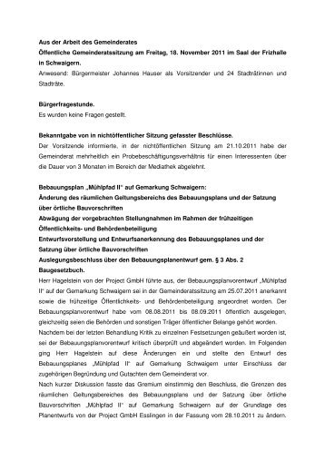 Sitzungsbericht Gemeinderat 18.11.2011 - Stadt Schwaigern