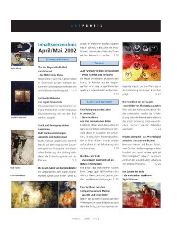 Inhaltsverzeichnis April/Mai 2002 - ARTPROFIL, Magazin für Kunst