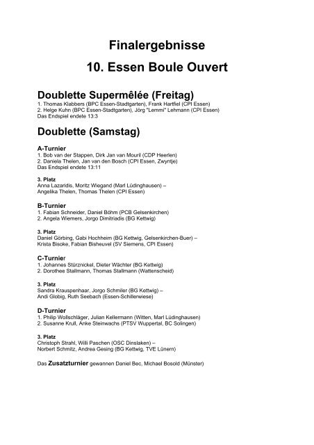 Finalergebnisse 10. Essen Boule Ouvert