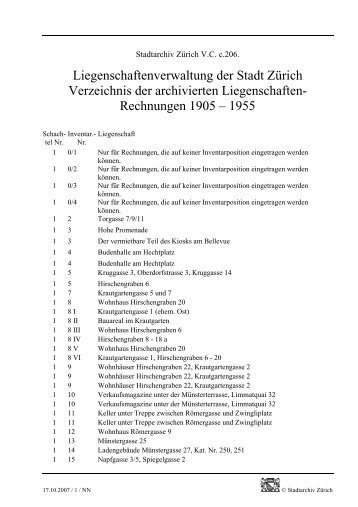 V.C.c.206. Liegenschaftenverwaltung, Rechnungen ... - Stadt Zürich