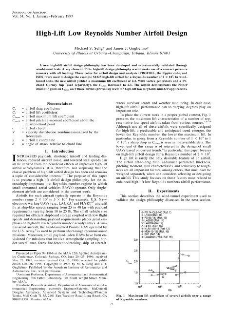 High-Lift Low Reynolds Number Airfoil Design - Aerospace ...