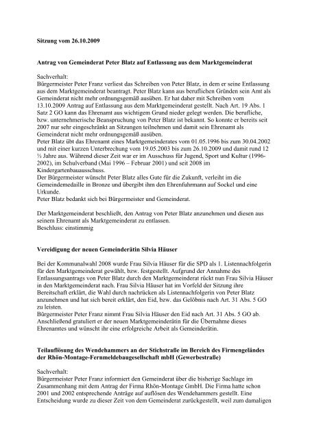 Sitzung vom 26.10.2009 Antrag von Gemeinderat ... - Frammersbach