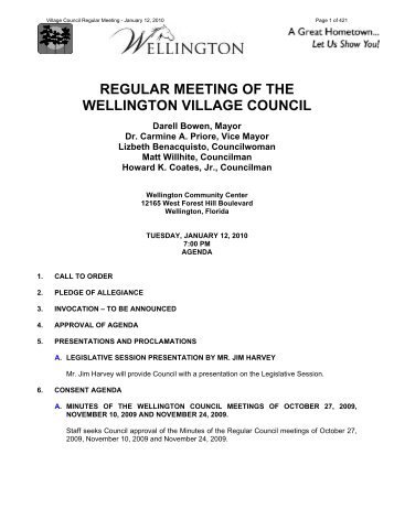 REGULAR MEETING OF THE WELLINGTON VILLAGE COUNCIL