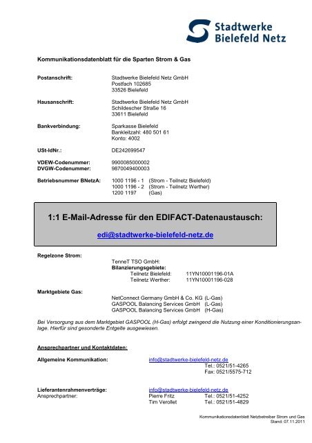 Kommunikationsdatenblatt für die Sparten Strom & Gas - Stadtwerke ...