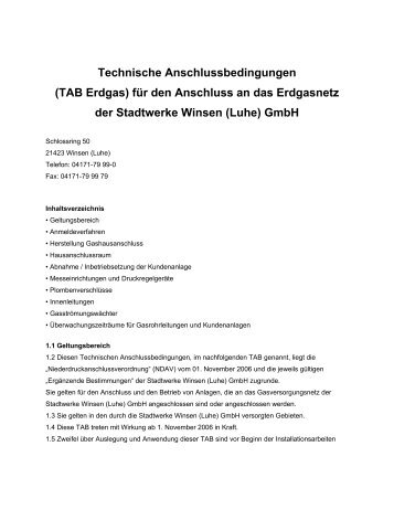 Technische Anschlussbedingungen TAB Erdgas - Stadtwerke Winsen