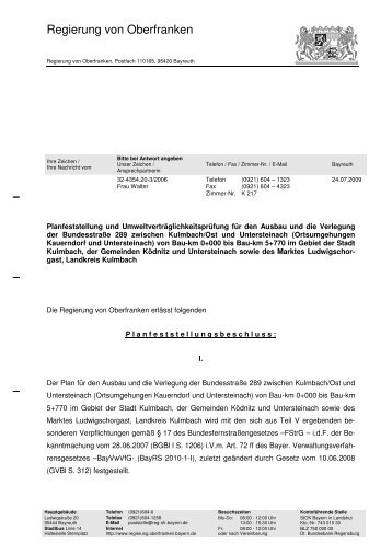 B 289 - Kulmbach/Ost und Untersteinach - Planfeststellungsbeschluss
