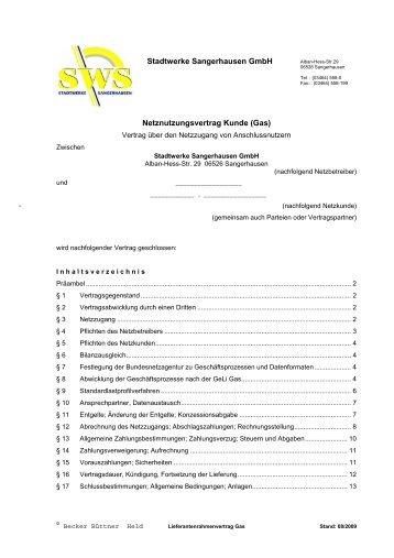 Stadtwerke Sangerhausen GmbH Netznutzungsvertrag Kunde (Gas)