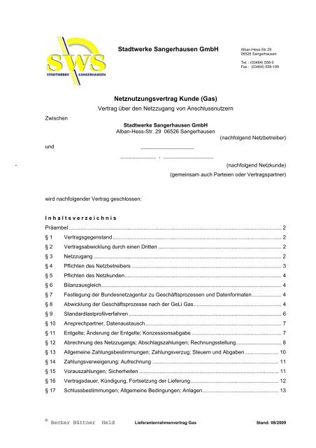 Stadtwerke Sangerhausen GmbH Netznutzungsvertrag Kunde (Gas)