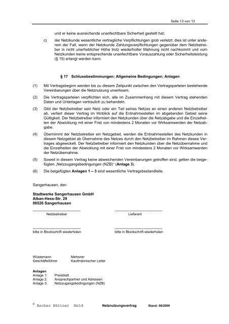 Stadtwerke Sangerhausen GmbH Netznutzungsvertrag Kunde (Gas)