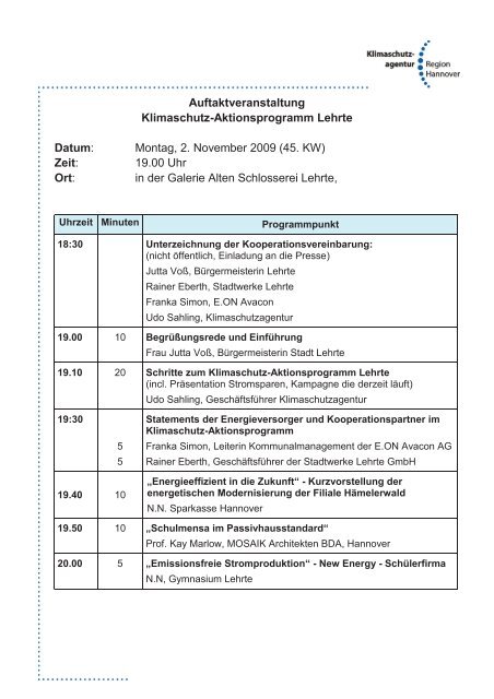 Auftaktveranstaltung Klimaschutz-Aktionsprogramm Lehrte Datum ...