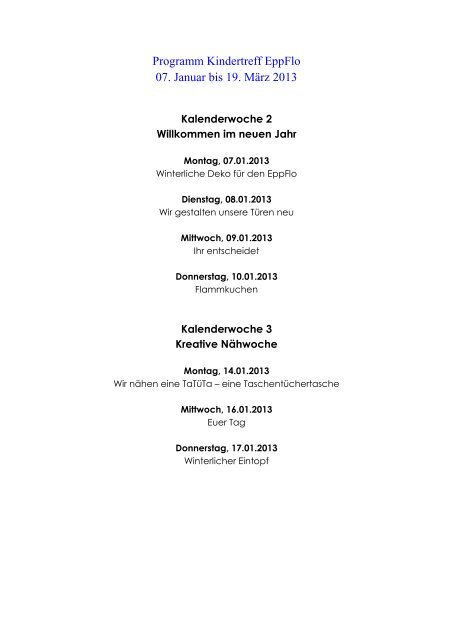 Programm Kindertreff Eppflo 07.01.- 19.03.2013