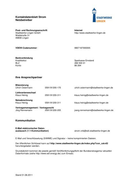 Kontaktdatenblatt Netz neu - Stadtwerke Lingen GmbH