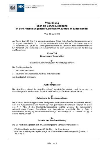 Kaufmann/Kauffrau im Einzelhandel Ausbildungsordnung