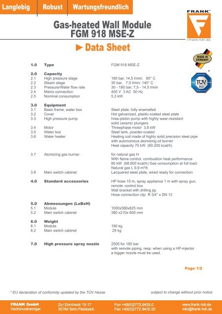 Data Sheet Gas-heated Wall Module FGM 918 MSE-Z