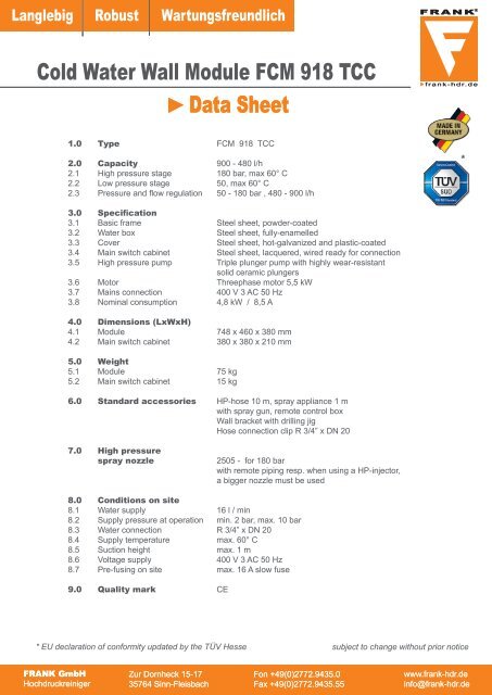 Data Sheet Cold Water Wall Module FCM 918 TCC - FRANK GmbH ...