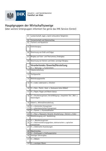 Hauptgruppen der Wirtschaftszweige - IHK Frankfurt am Main