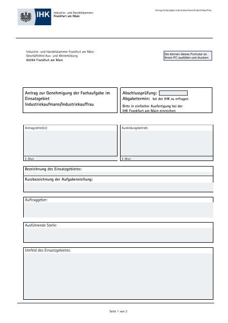 Antrag Fachaufgabe Industriekaufmann / Industriekauffrau