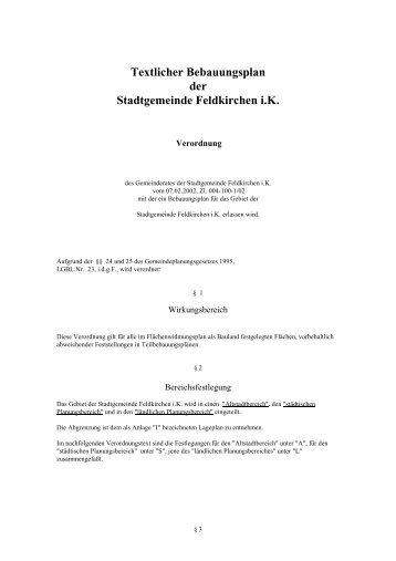 Textlicher Bebauungsplan der Stadtgemeinde Feldkirchen i.K.