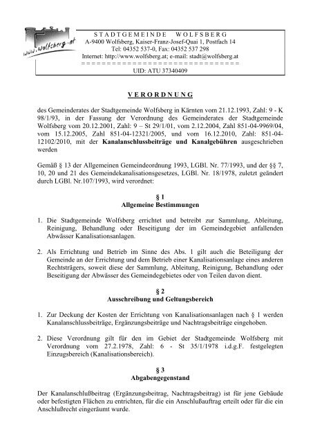 Verordnung Kanalanschlussbeiträge und ... - Stadt Wolfsberg