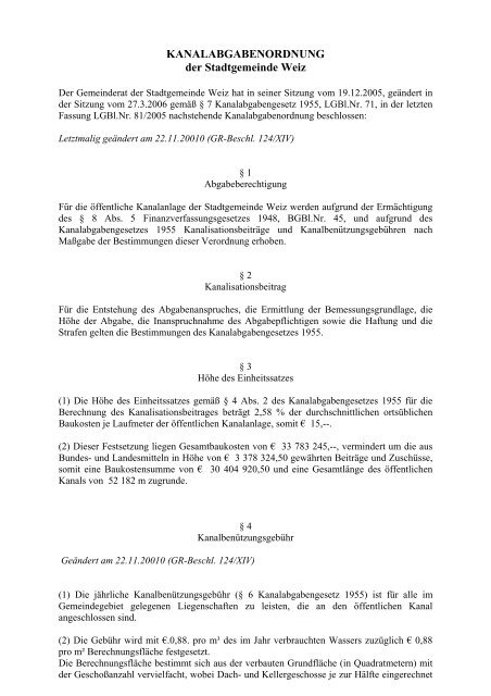 KANALABGABENORDNUNG der Stadtgemeinde Weiz