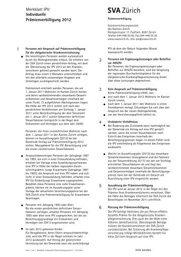 Merkblatt IPV: Individuelle Prämienverbilligung 2012 - SVA Zürich