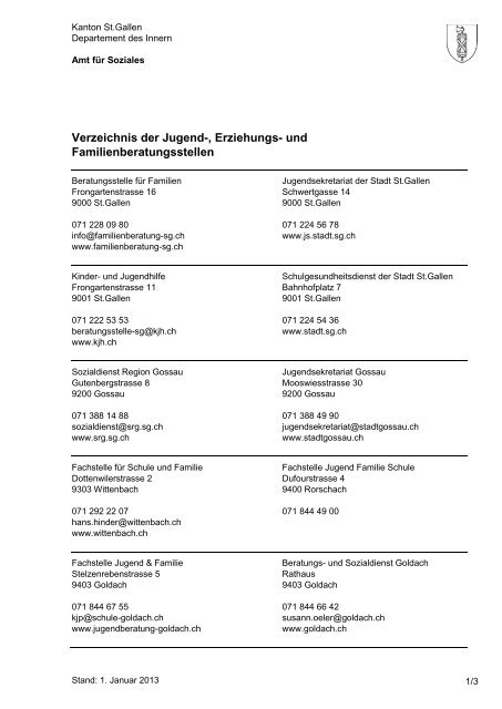 Verzeichnis der Jugend-, Erziehungs- und Familienberatungsstellen