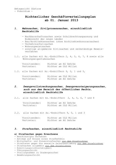 Richterliche Geschäftverteilung 2013 - bei Justiz Online in MV