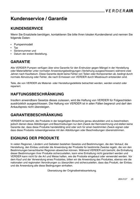 Bedienungsanleitung Verderair Druckluftmembranpumpen VA25