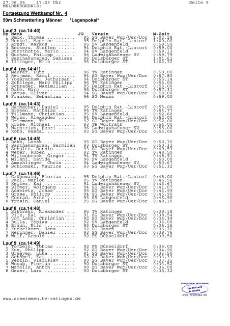 Meldeergebnis 27. Dumeklemmer - Pokal - TV Ratingen