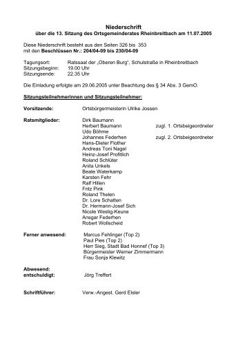 Niederschrift der Ratssitzung vom 11.07.2005