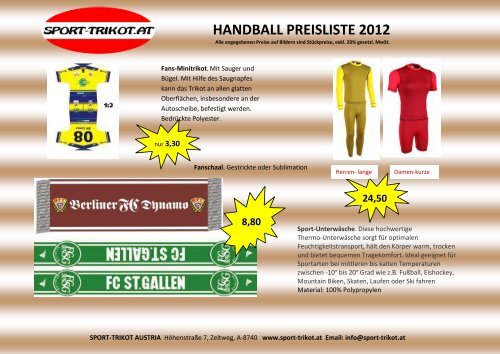 HANDBALL PREISLISTE 2012 SPORT TRIKOT AUSTRIA bietet ...