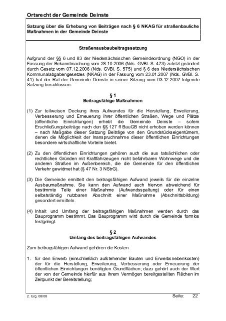 Straßenausbaubeitragssatzung Gemeinde Deinste (PDF, 49 KB)