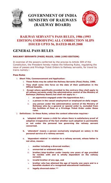 railway servant's pass rules, 1986 (1993 edition) - Indian Railway