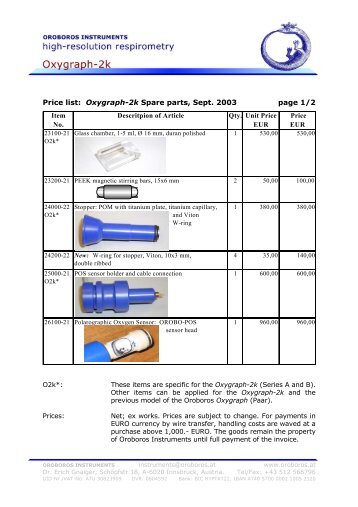 Price list: Oxygraph-2k Spare parts, Sept. 2003 page 1/2 - Oroboros