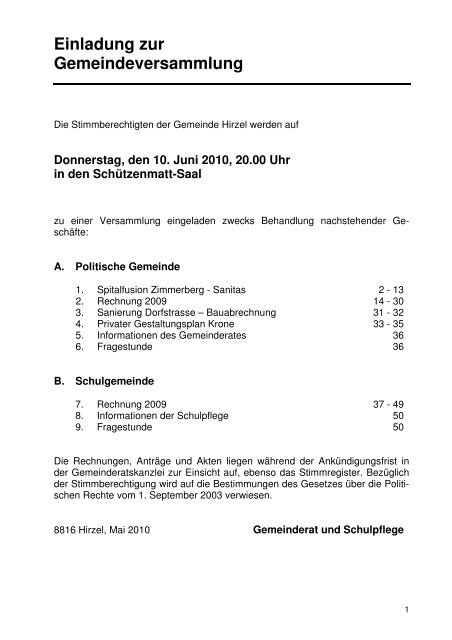 Weisung an die Gemeindeversammlung - Gemeinde Hirzel