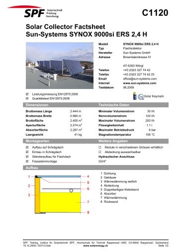 Solar Collector Factsheet Sun-Systems SYNOX 9000si ERS 2,4 H