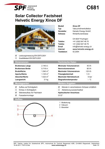 C681 Solar Collector Factsheet Helvetic Energy Xinox DF - SPF