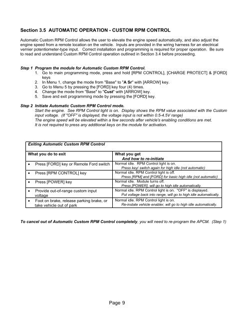 Operating Instructions For The Auxiliary Idle Control ... - Ford Fleet