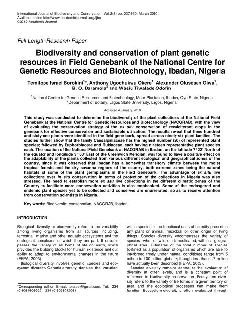 Biodiversity and conservation of plant genetic resources in Field ...