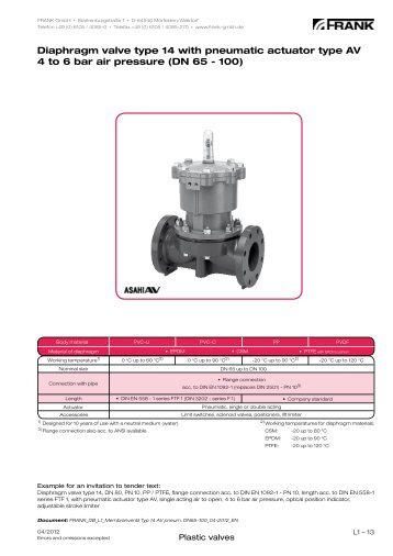 Diaphragm valve type 14 with pneumatic actuator DN - Frank GmbH