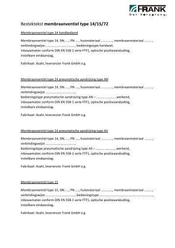 Besteksomschrijvingen Asahi membraanventielen (pdf) - Frank GmbH