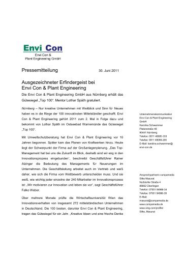 Pressemitteilung Ausgezeichneter Erfindergeist bei Envi Con ...