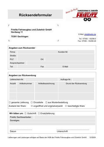 Rücksendeformular - Frielitz Fahrzeugbau und Zubehör GmbH