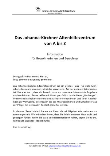 Das Johanna-Kirchner Altenhilfezentrum von A bis Z - AWO